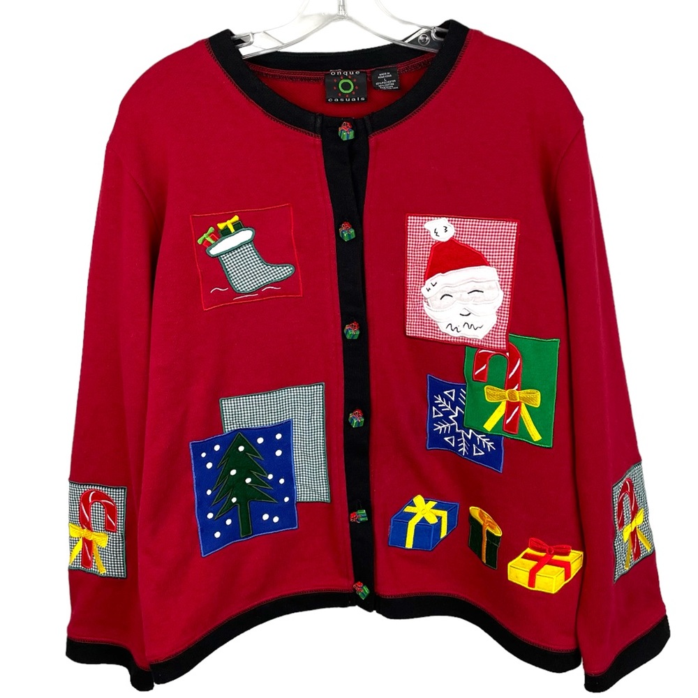 Onque Casual Santa Holiday Christmas Sweater Button Down Cardigan Size Large